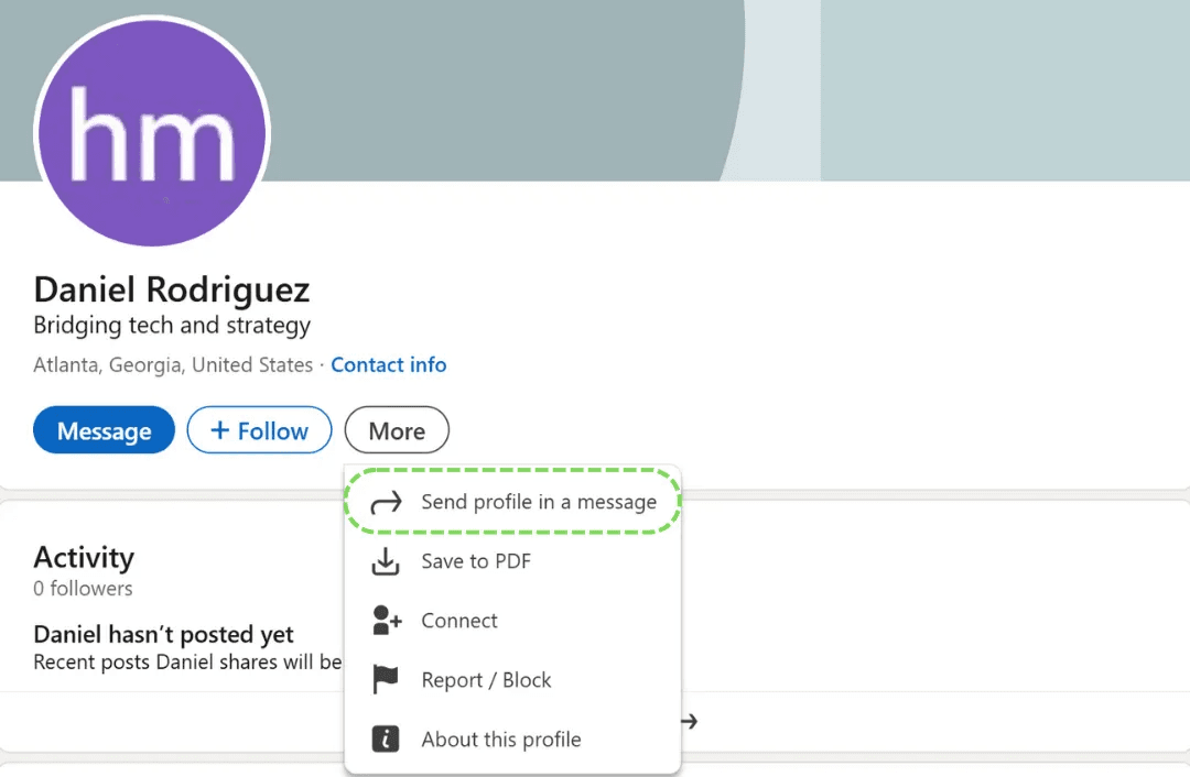 Image showing LinkedIn ‘Share Profile in a Message’ option from user profile dropdown.