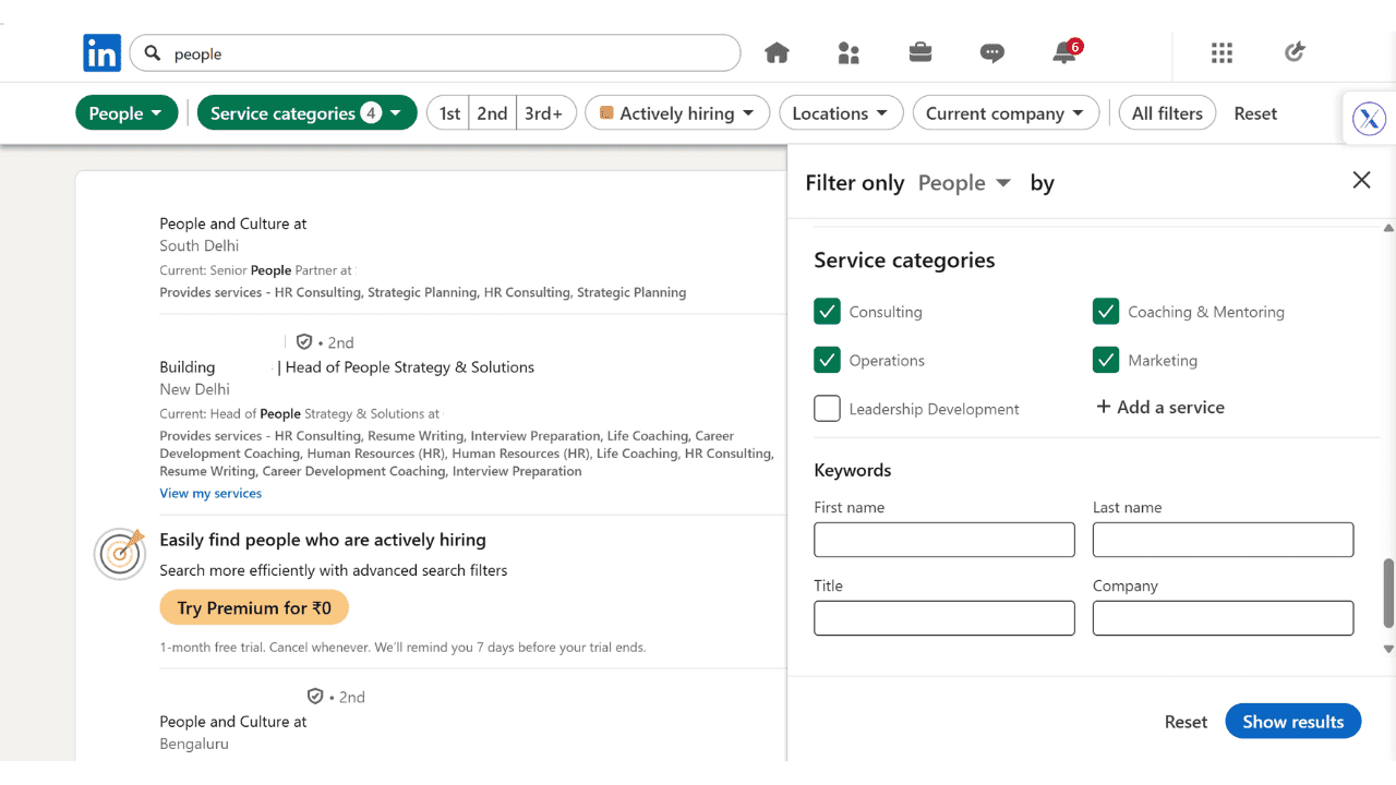 linkedin search with filters feature