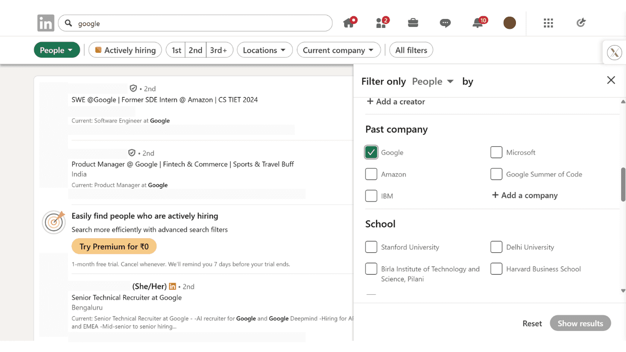 LinkedIn filtered search