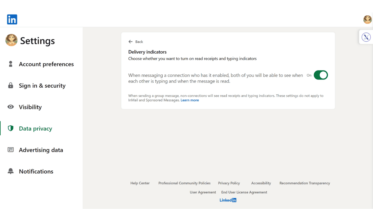 Linkedin read receipts toggle button