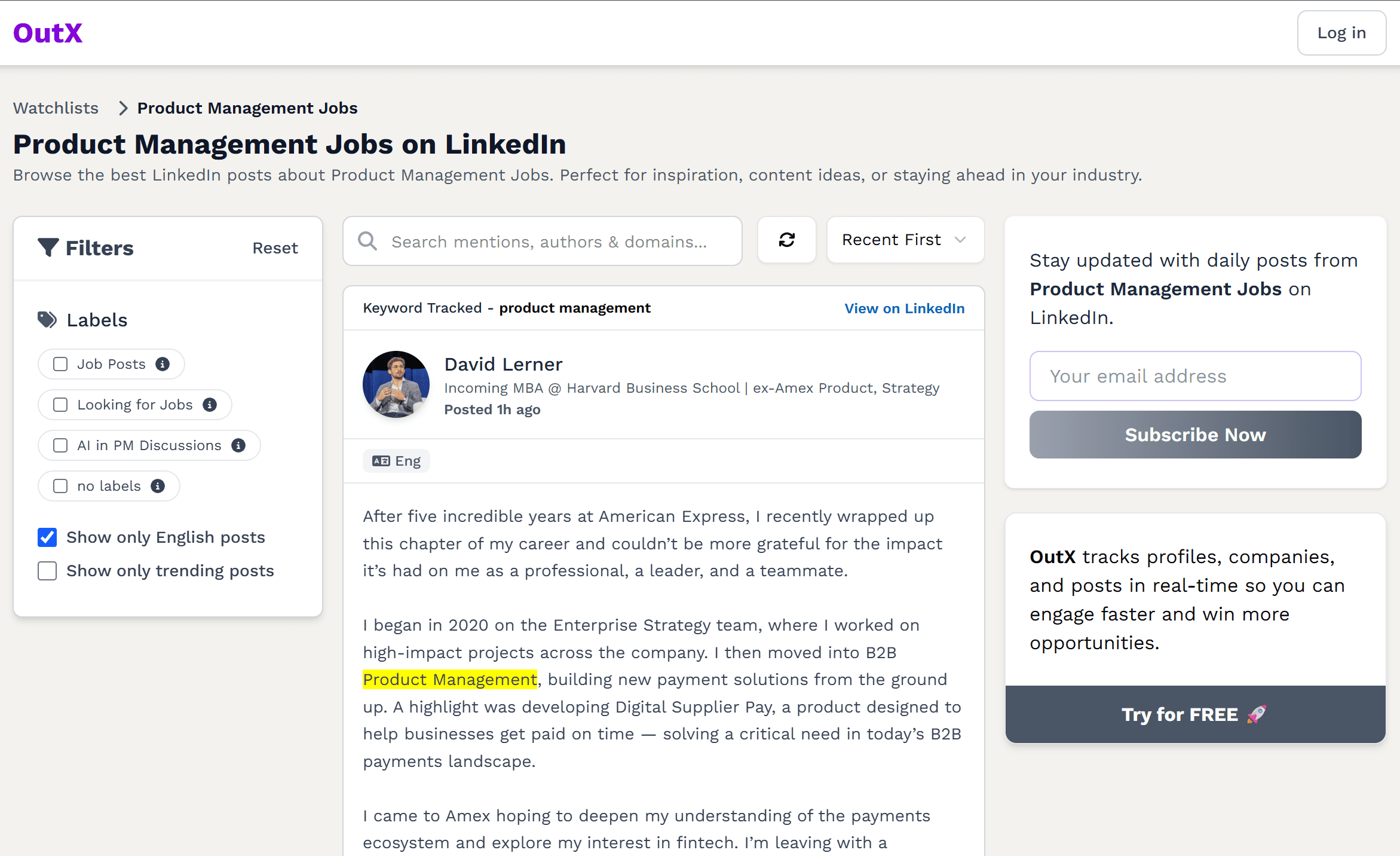 Outx.ai LinkedIn social listening dashboard