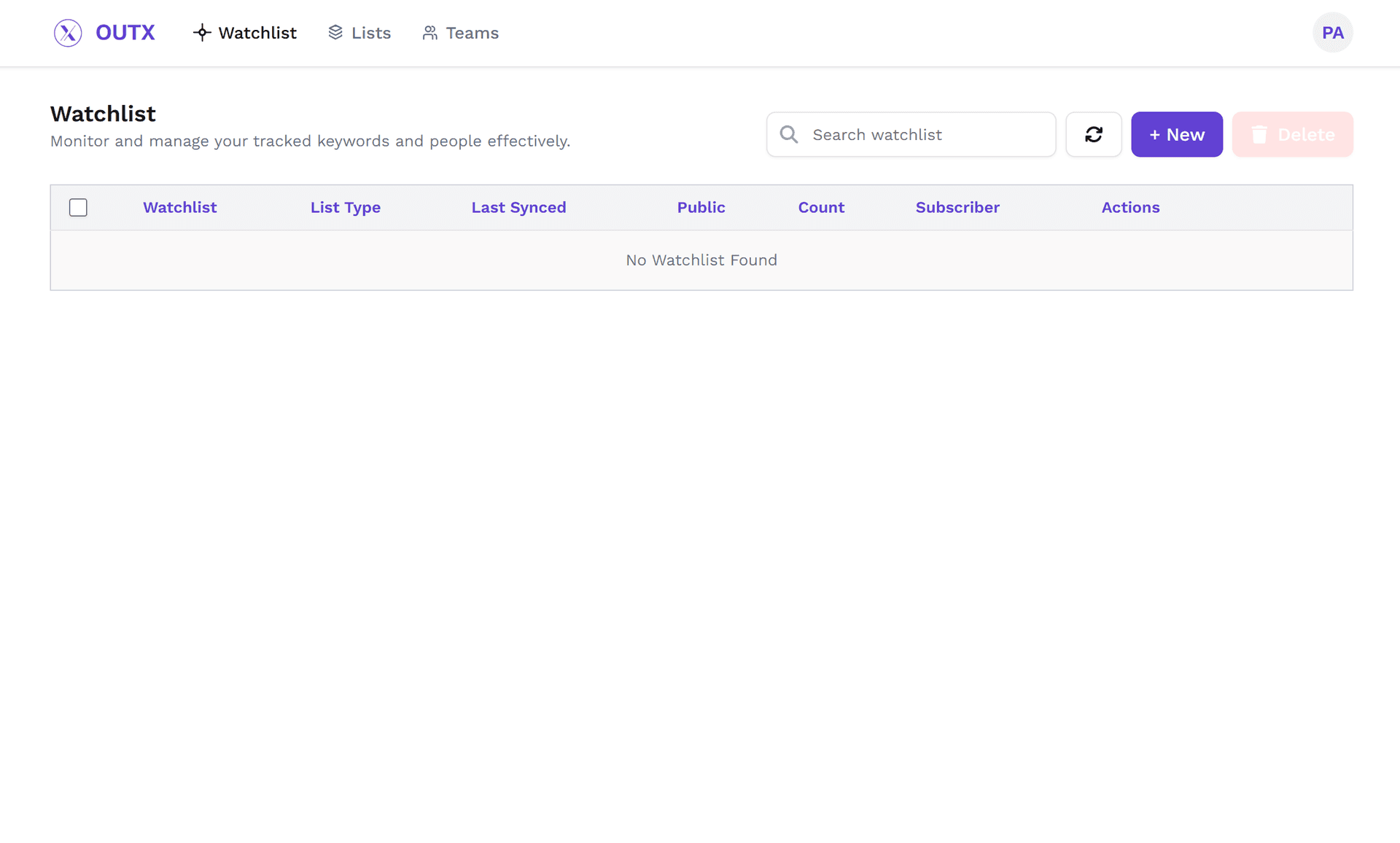 Click on +New to start creating your watchlist