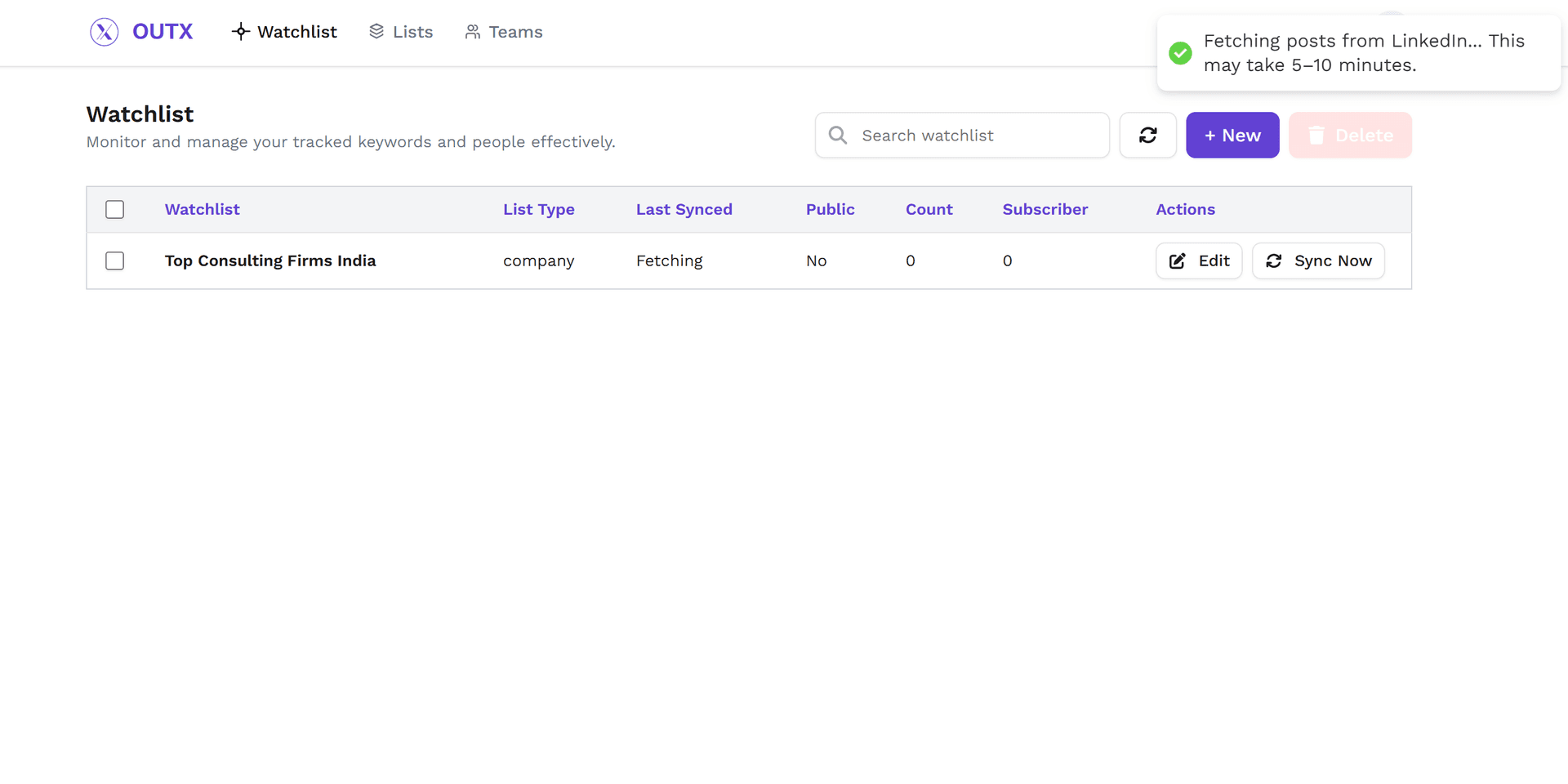 Your watchlist is active — Outx.ai will now fetch matching posts automatically
