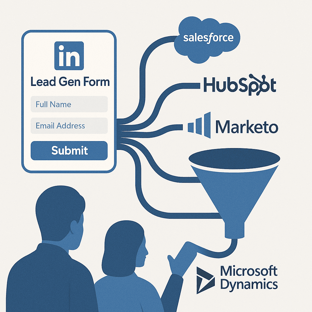 Illustration showing Linkedin lead gen form integration with third party platforms like hubspot, salesforce, marketo