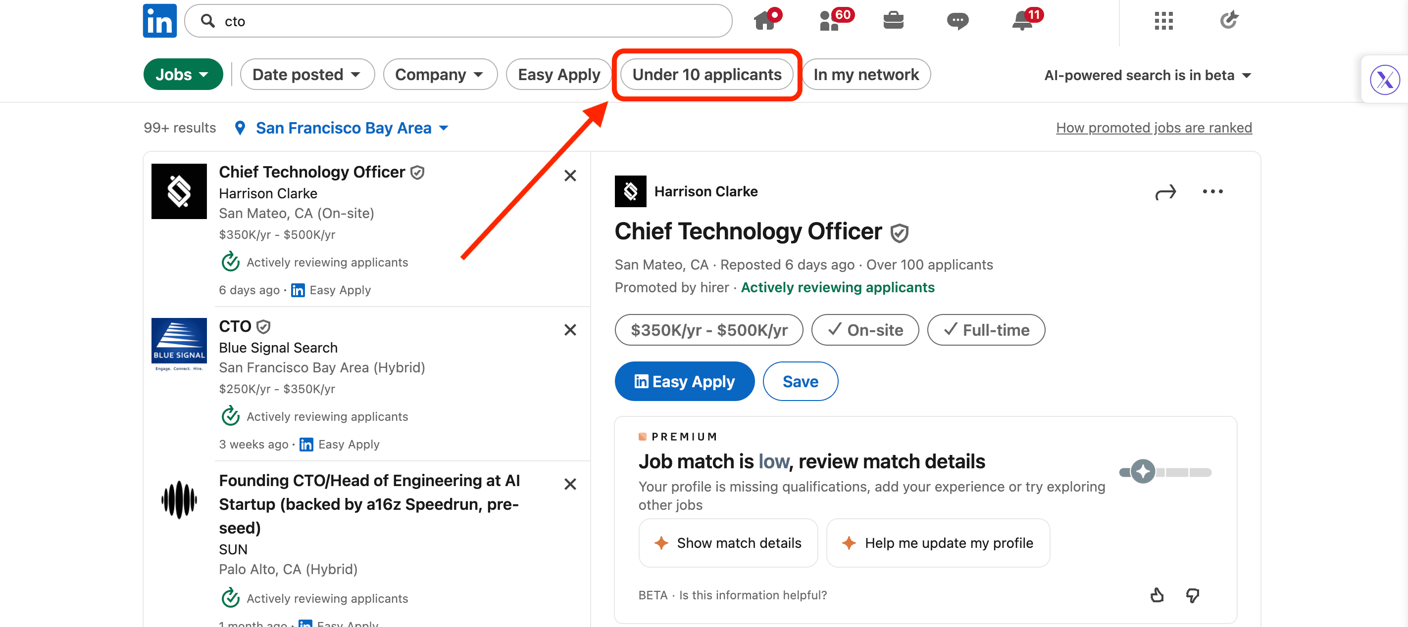 under 10 applicants filter